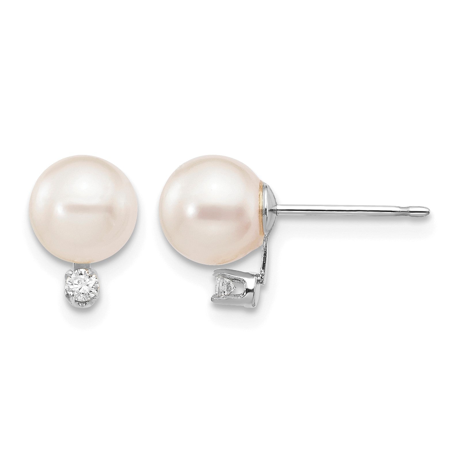 14k White Gold 6-7mm White Round Akoya Saltwater Cultured Pearl and .06 Carat Diamond Post Earrings
