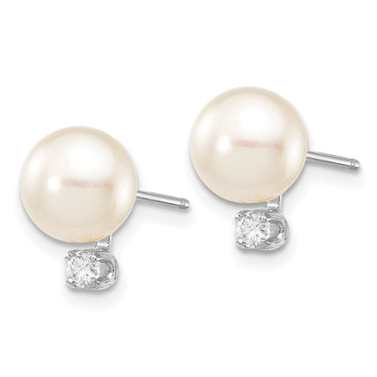 14k White Gold 7-8mm White Round Akoya Saltwater Cultured Pearl and .10 Carat Diamond Post Earrings