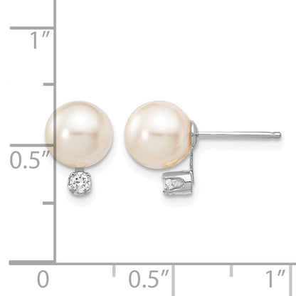 14k White Gold 7-8mm White Round Akoya Saltwater Cultured Pearl and .10 Carat Diamond Post Earrings