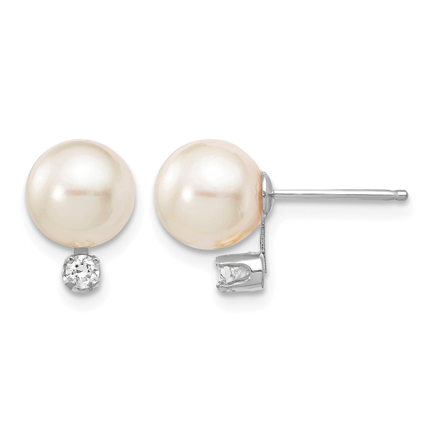 14k White Gold 7-8mm White Round Akoya Saltwater Cultured Pearl and .10 Carat Diamond Post Earrings