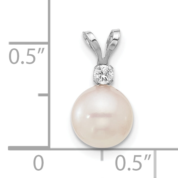 14k White Gold 7-8mm White Round Akoya Saltwater Cultured Pearl and .05 Carat Diamond Pendant