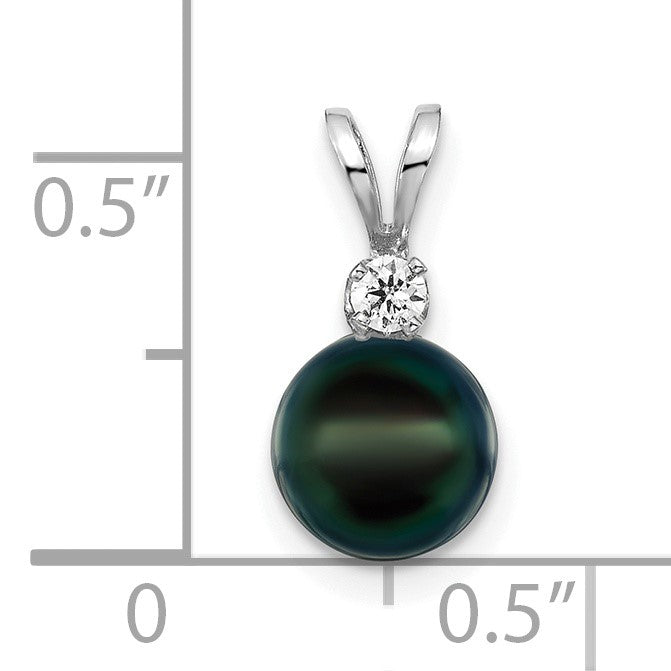 14k White Gold 7-8mm Black Round Akoya Saltwater Cultured Pearl and 1/20 Carat Diamond Pendant