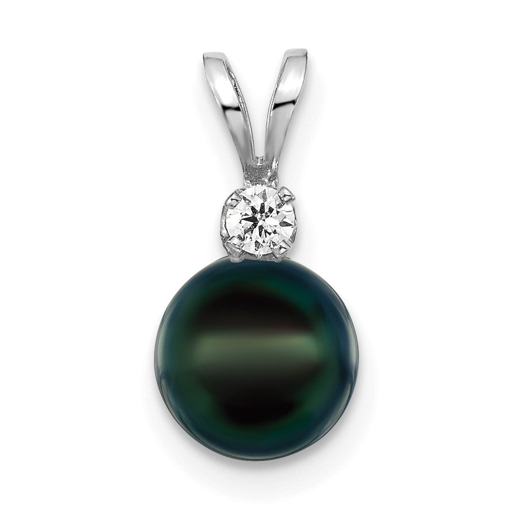 14k White Gold 7-8mm Black Round Akoya Saltwater Cultured Pearl and 1/20 Carat Diamond Pendant