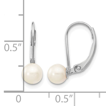 14k White Gold 5-6mm White Round Akoya Saltwater Cultured Pearl Leverback Earrings