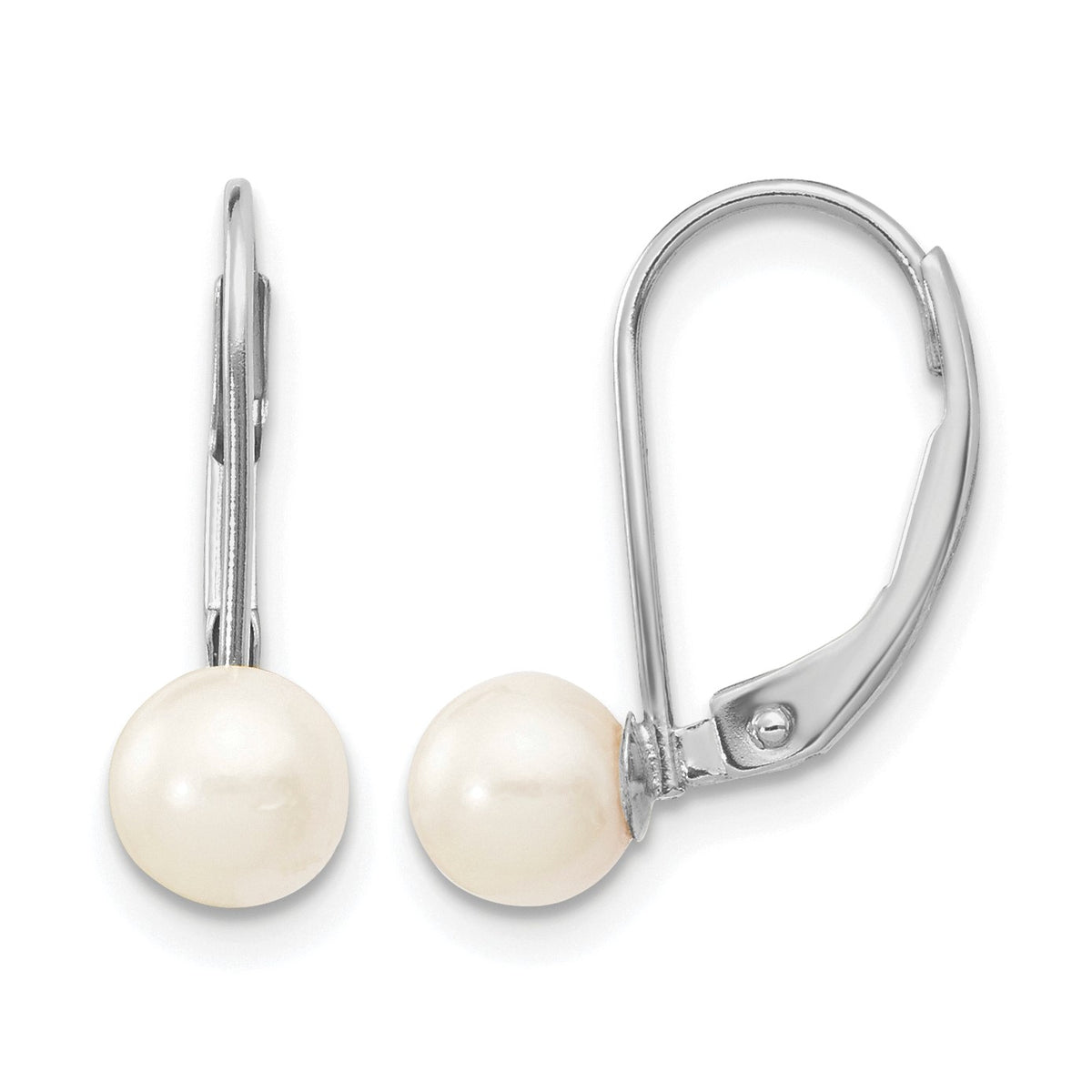 14k White Gold 5-6mm White Round Akoya Saltwater Cultured Pearl Leverback Earrings
