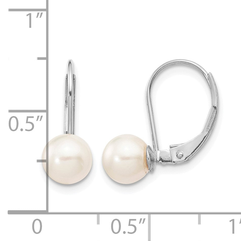 14k White Gold 6-7mm White Round Akoya Saltwater Cultured Pearl Leverback Earrings