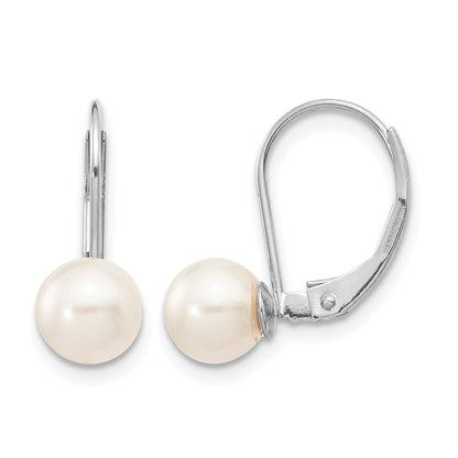 14k White Gold 6-7mm White Round Akoya Saltwater Cultured Pearl Leverback Earrings