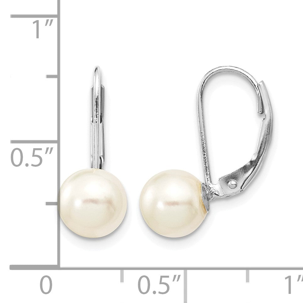 14k White Gold 7-8mm White Round Akoya Saltwater Cultured Pearl Leverback Earrings