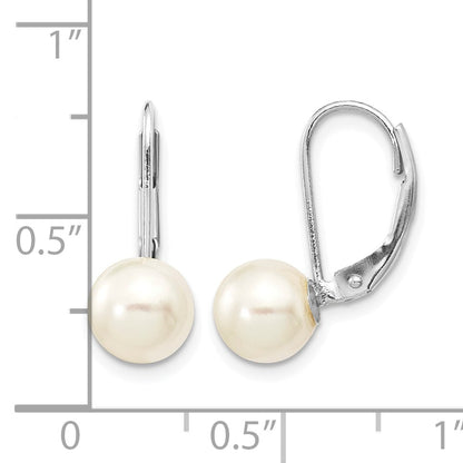 14k White Gold 7-8mm White Round Akoya Saltwater Cultured Pearl Leverback Earrings
