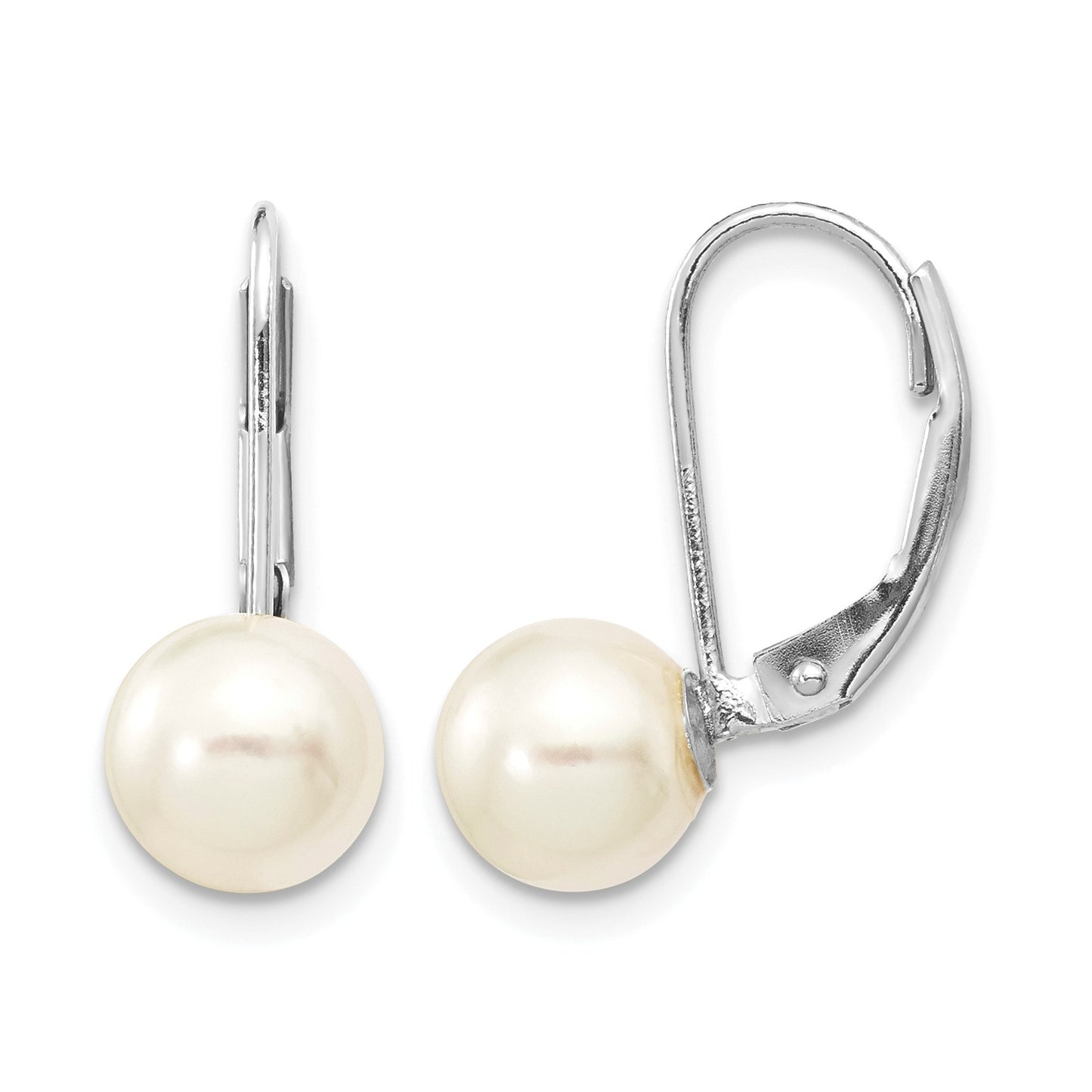 14k White Gold 7-8mm White Round Akoya Saltwater Cultured Pearl Leverback Earrings