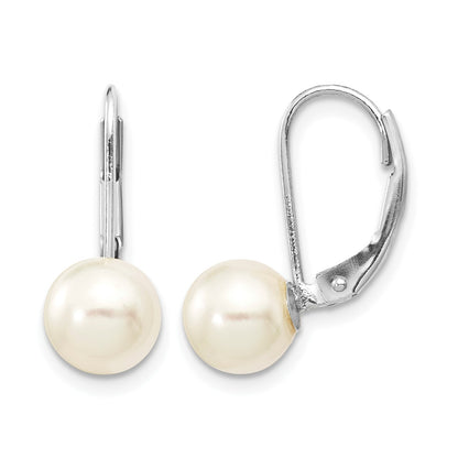 14k White Gold 7-8mm White Round Akoya Saltwater Cultured Pearl Leverback Earrings