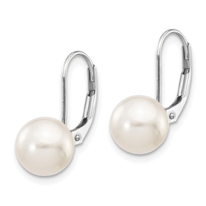 14k White Gold 8-9mm White Round Akoya Saltwater Cultured Pearl Leverback Earrings