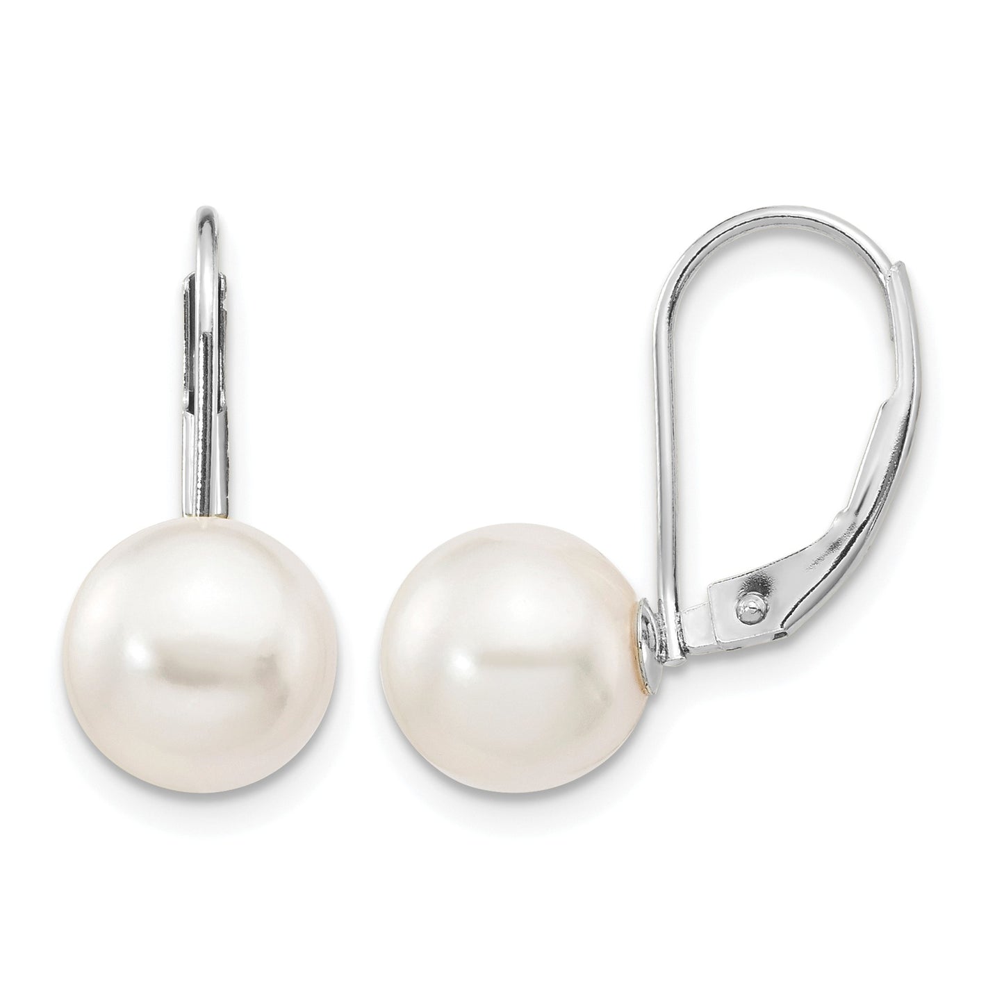 14k White Gold 8-9mm White Round Akoya Saltwater Cultured Pearl Leverback Earrings