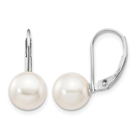 14k White Gold 8-9mm White Round Akoya Saltwater Cultured Pearl Leverback Earrings