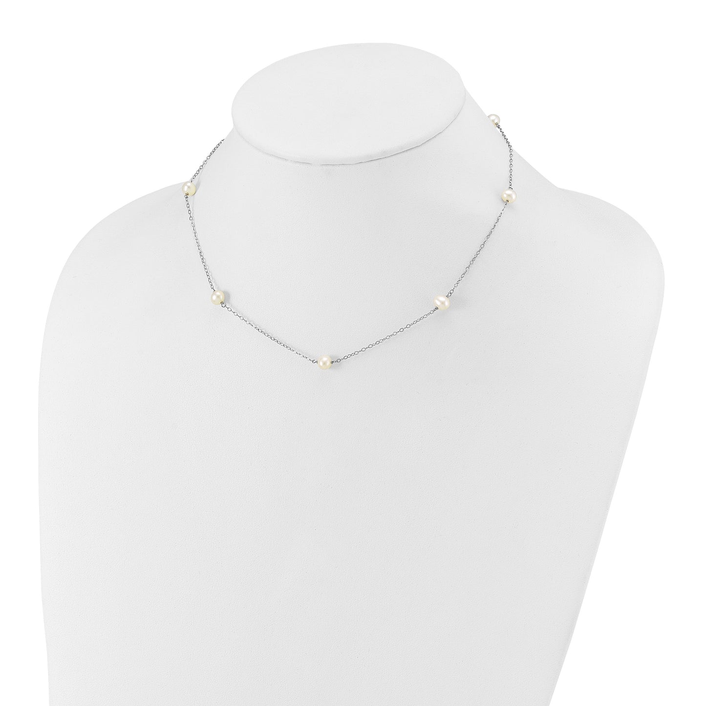 14k White Gold 5-6mm White Round Freshwater Cultured Pearl 7-Station 16 inch Necklace
