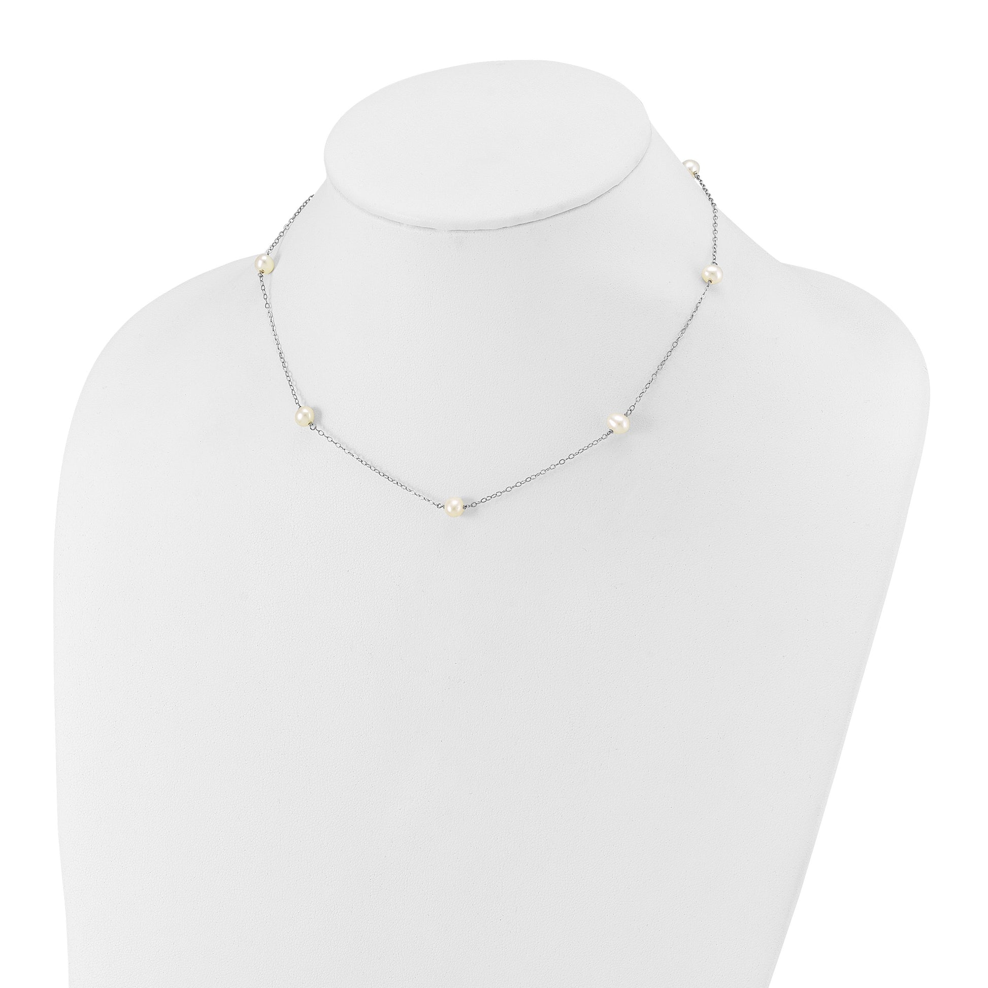 14k White Gold 5-6mm White Round Freshwater Cultured Pearl 7-Station 16 inch Necklace