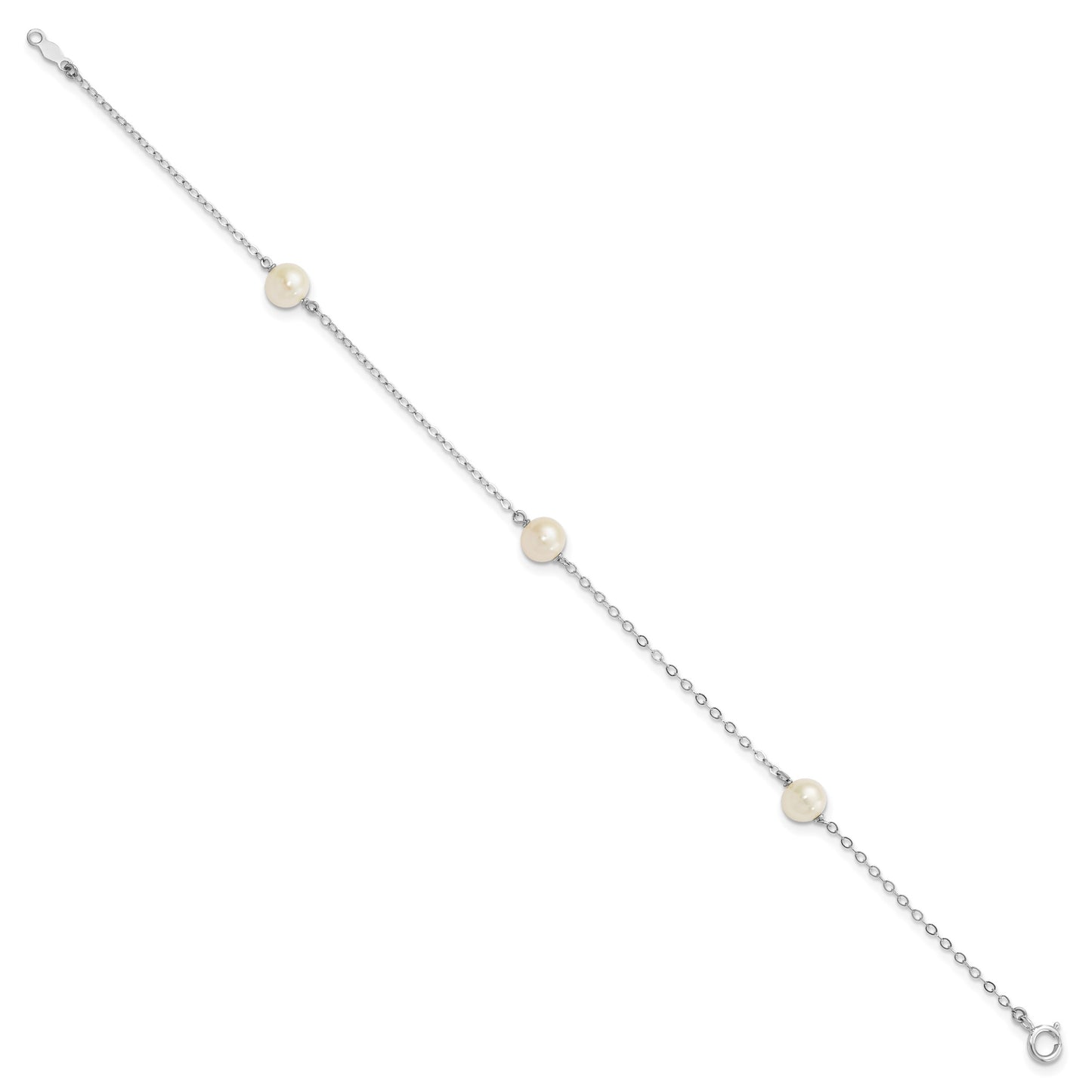 14k White Gold 5-6mm White Round Freshwater Cultured Pearl 3-Station 7.25 inch Bracelet