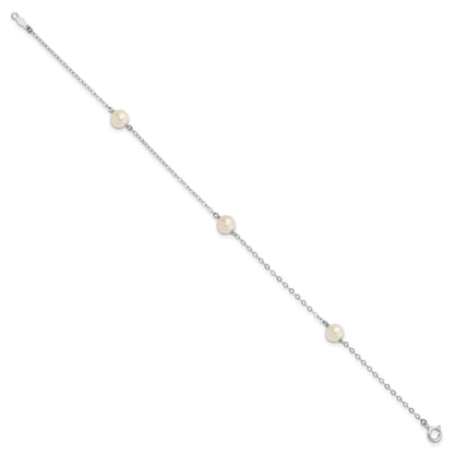 14k White Gold 5-6mm White Round Freshwater Cultured Pearl 3-Station 7.25 inch Bracelet