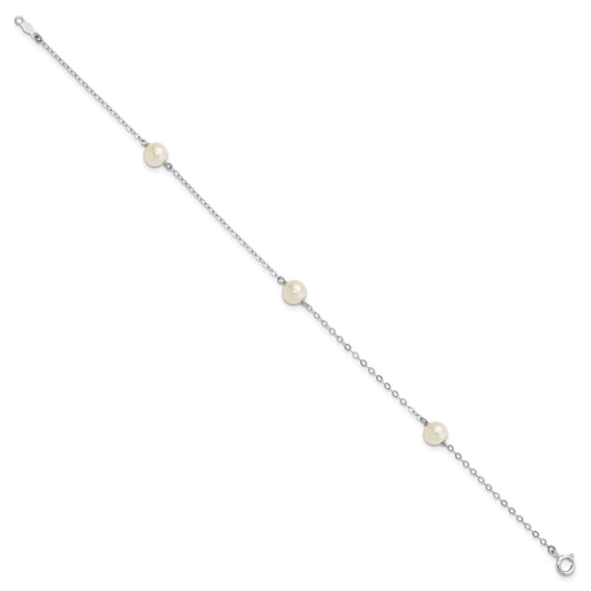 14k White Gold 5-6mm White Round Freshwater Cultured Pearl 3-Station 7.25 inch Bracelet