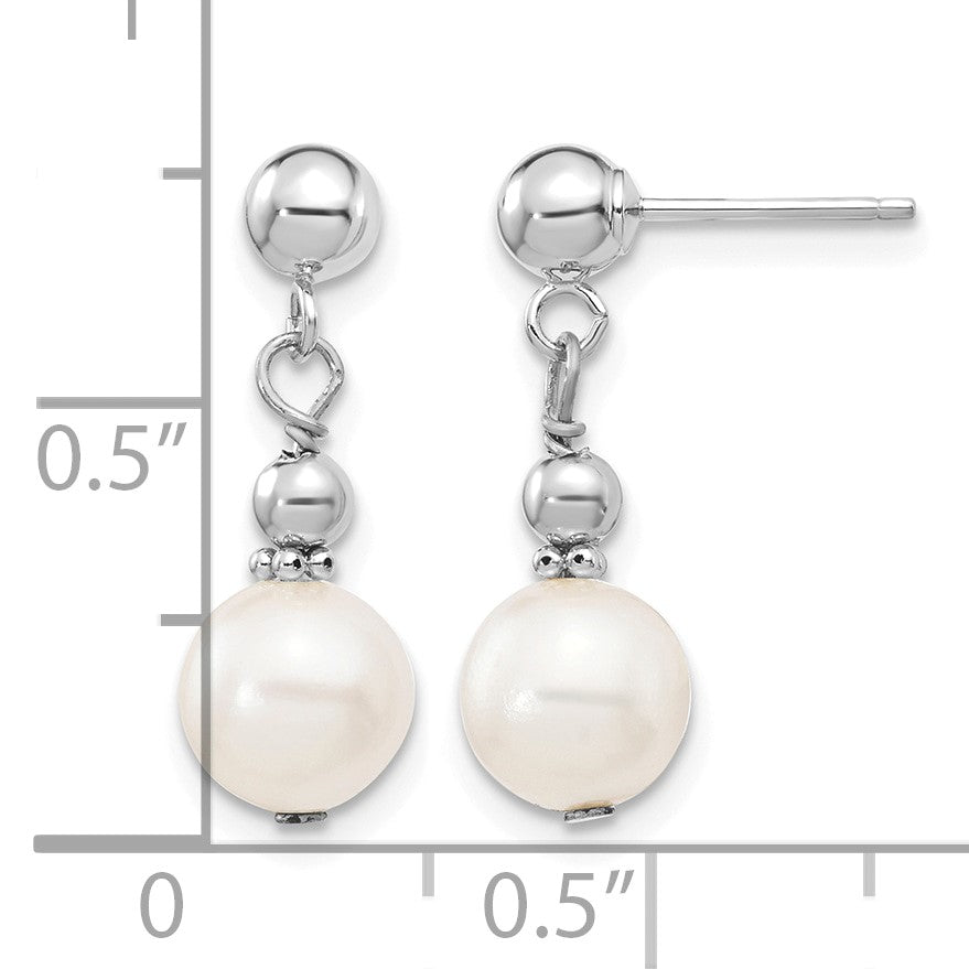 14k White Gold 7-8mm White Semi-round Freshwater Cultured Pearl Post Dangle Earrings