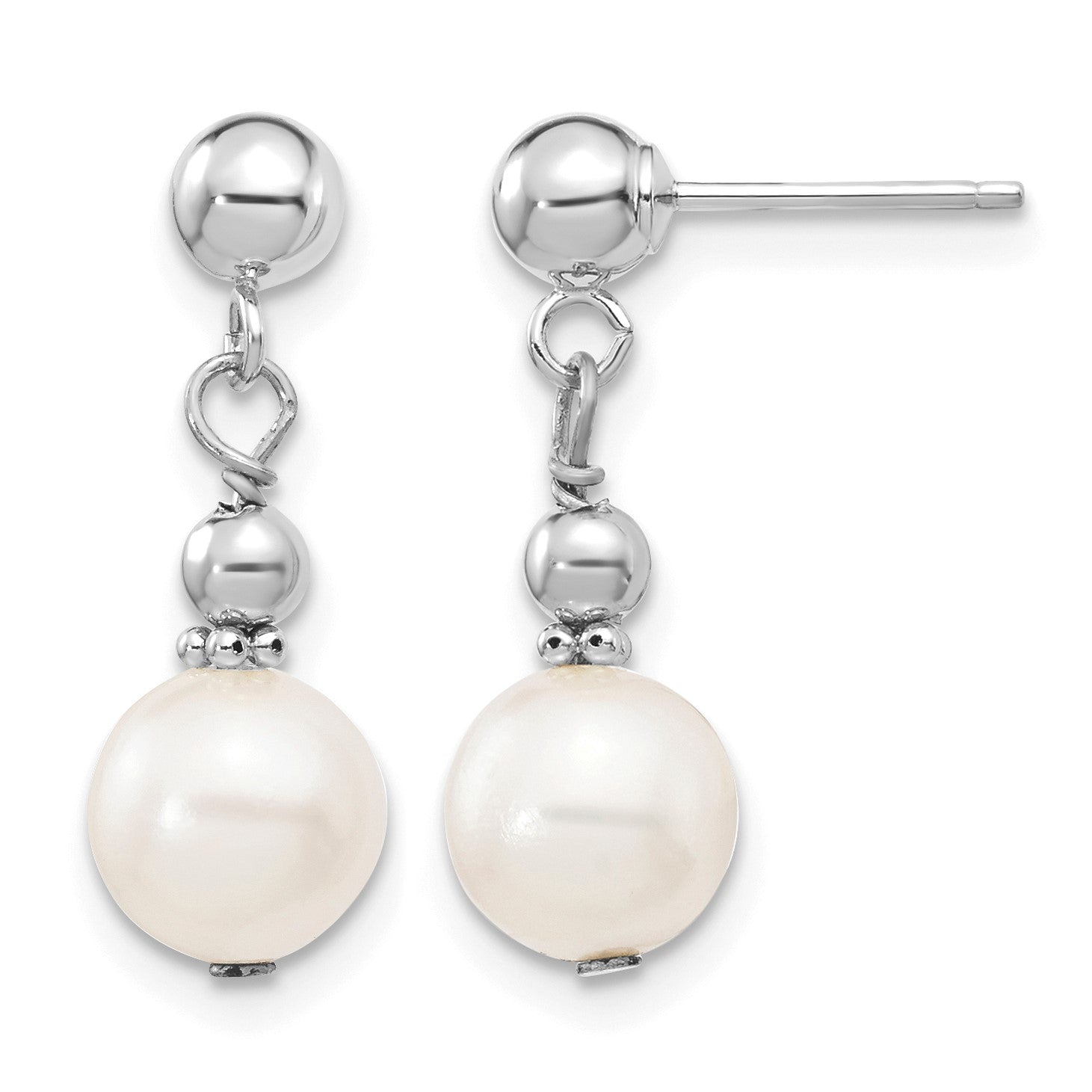 14k White Gold 7-8mm White Semi-round Freshwater Cultured Pearl Post Dangle Earrings