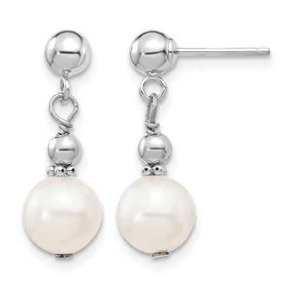 14k White Gold 7-8mm White Semi-round Freshwater Cultured Pearl Post Dangle Earrings