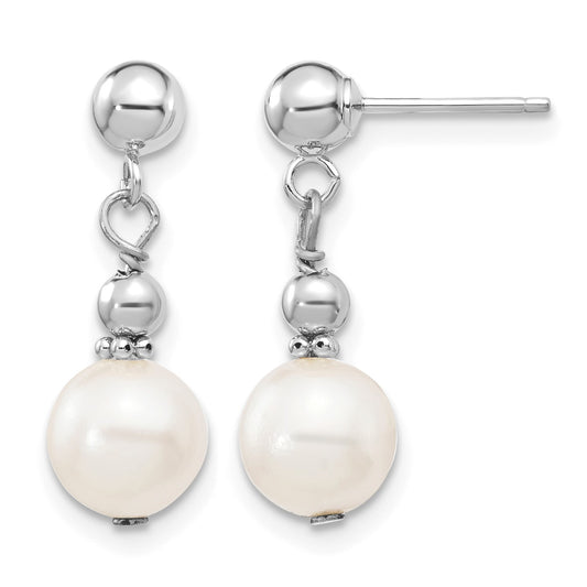 14k White Gold 7-8mm White Semi-round Freshwater Cultured Pearl Post Dangle Earrings