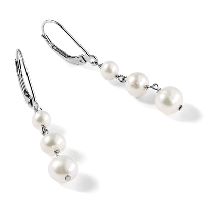 14k White Gold 4-6mm White Semi-Round Freshwater Cultured Pearl Dangle Leverback Earrings