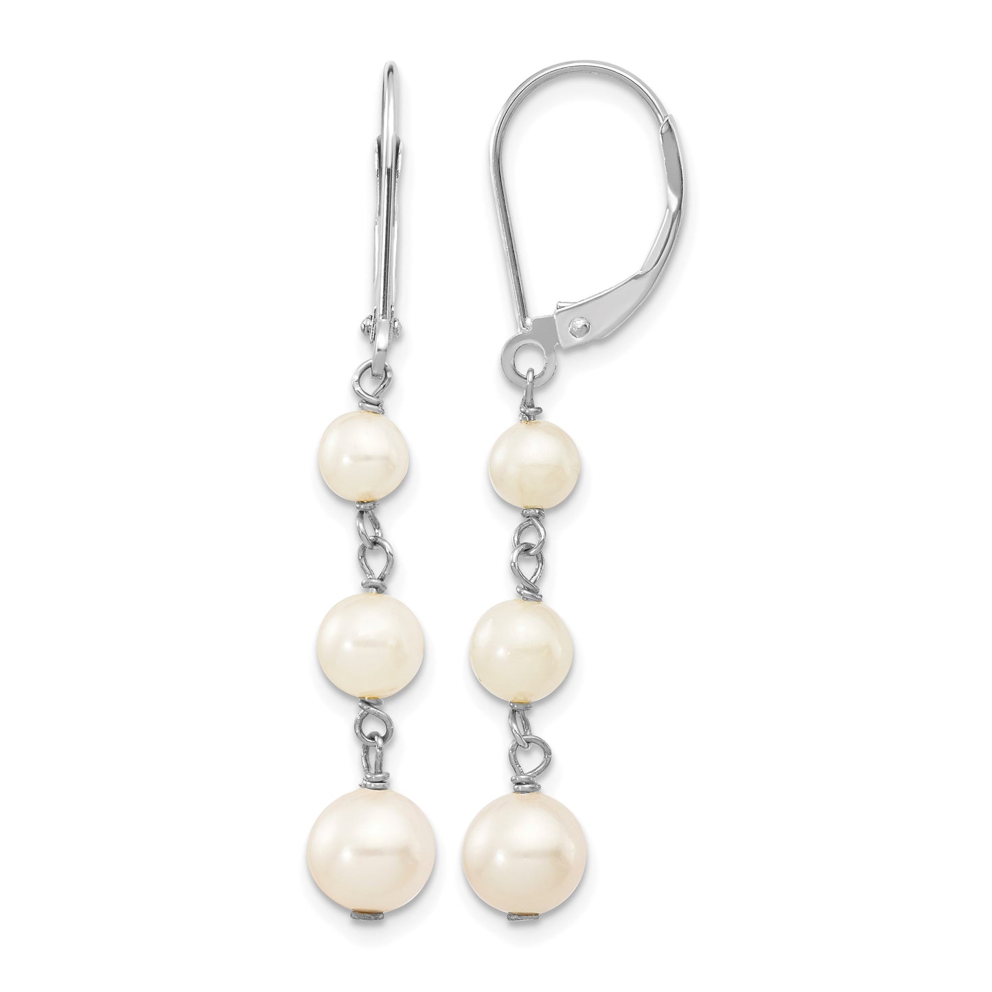14k White Gold 4-6mm White Semi-Round Freshwater Cultured Pearl Dangle Leverback Earrings