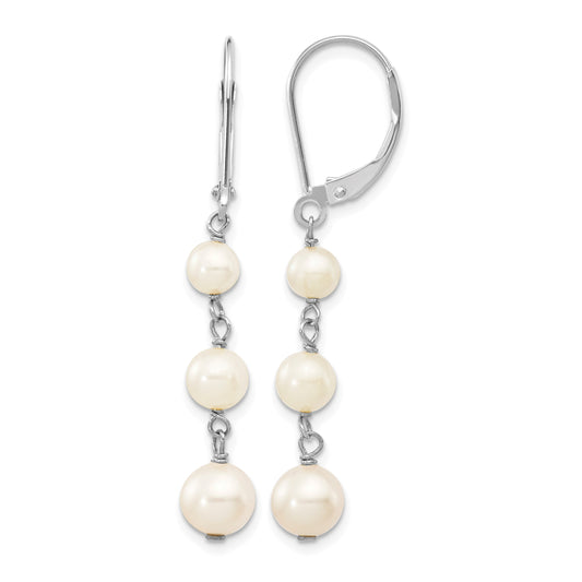 14k White Gold 4-6mm White Semi-Round Freshwater Cultured Pearl Dangle Leverback Earrings