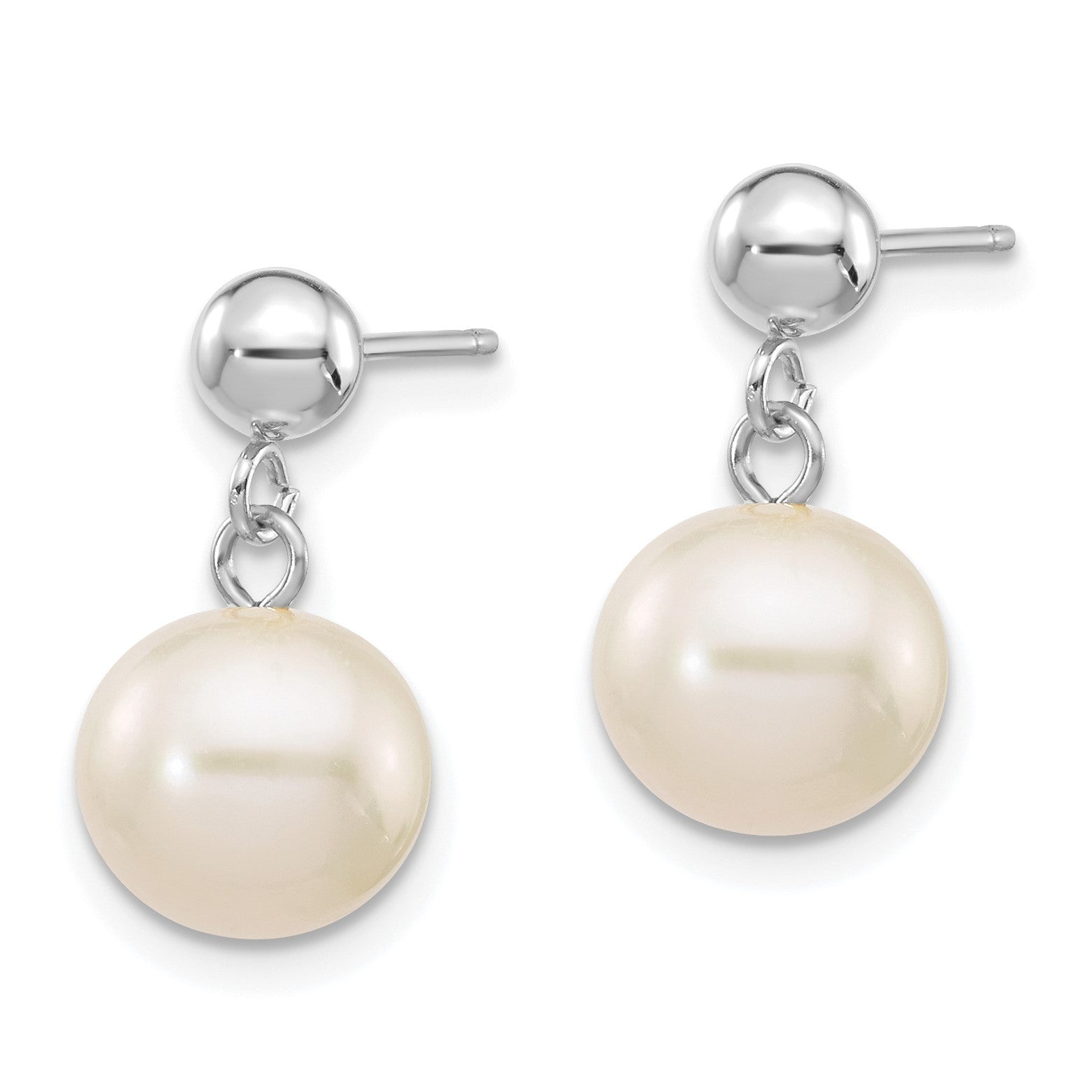 14k White Gold 8-8.5mm White Round Freshwater Cultured Pearl Post Dangle Earrings