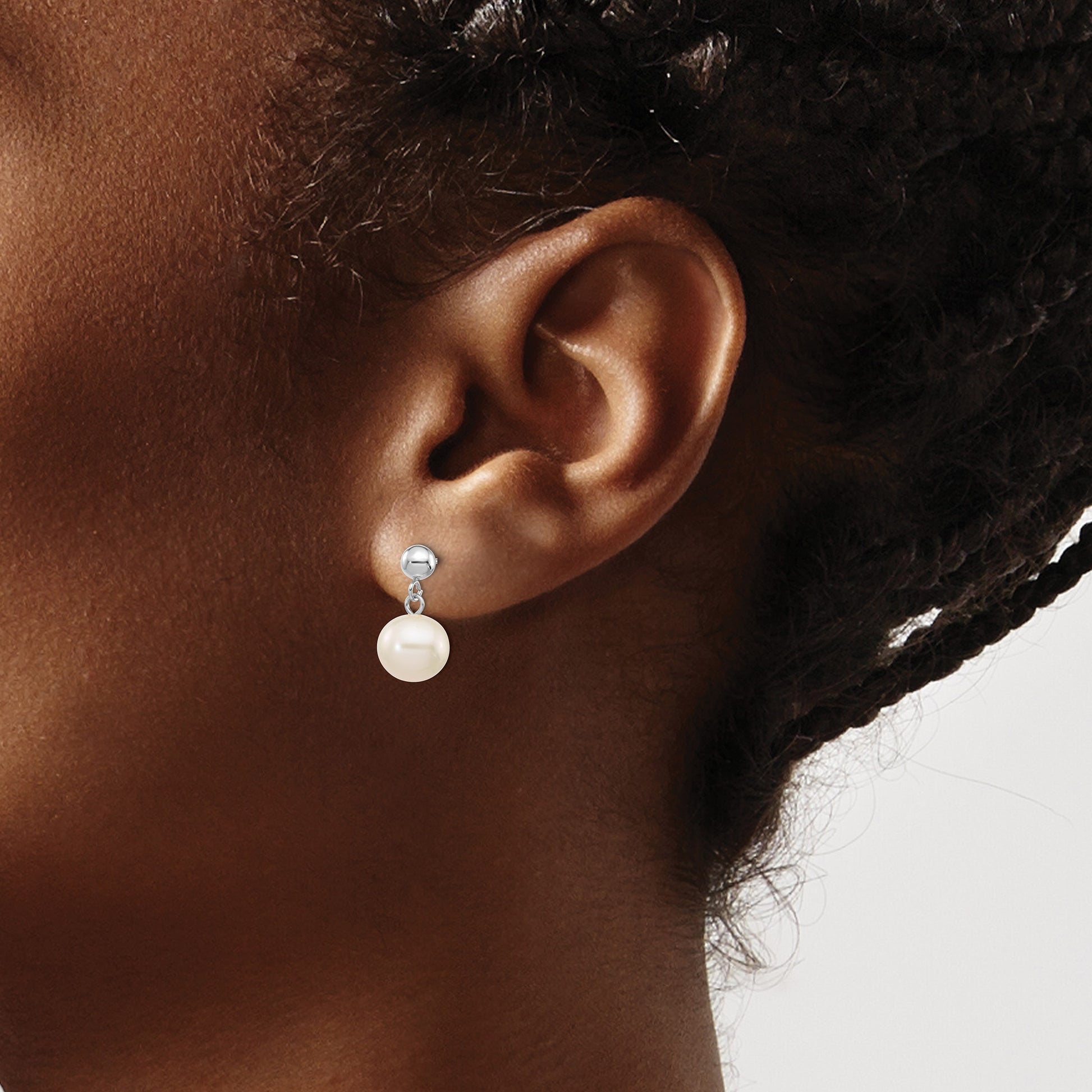 14k White Gold 8-8.5mm White Round Freshwater Cultured Pearl Post Dangle Earrings