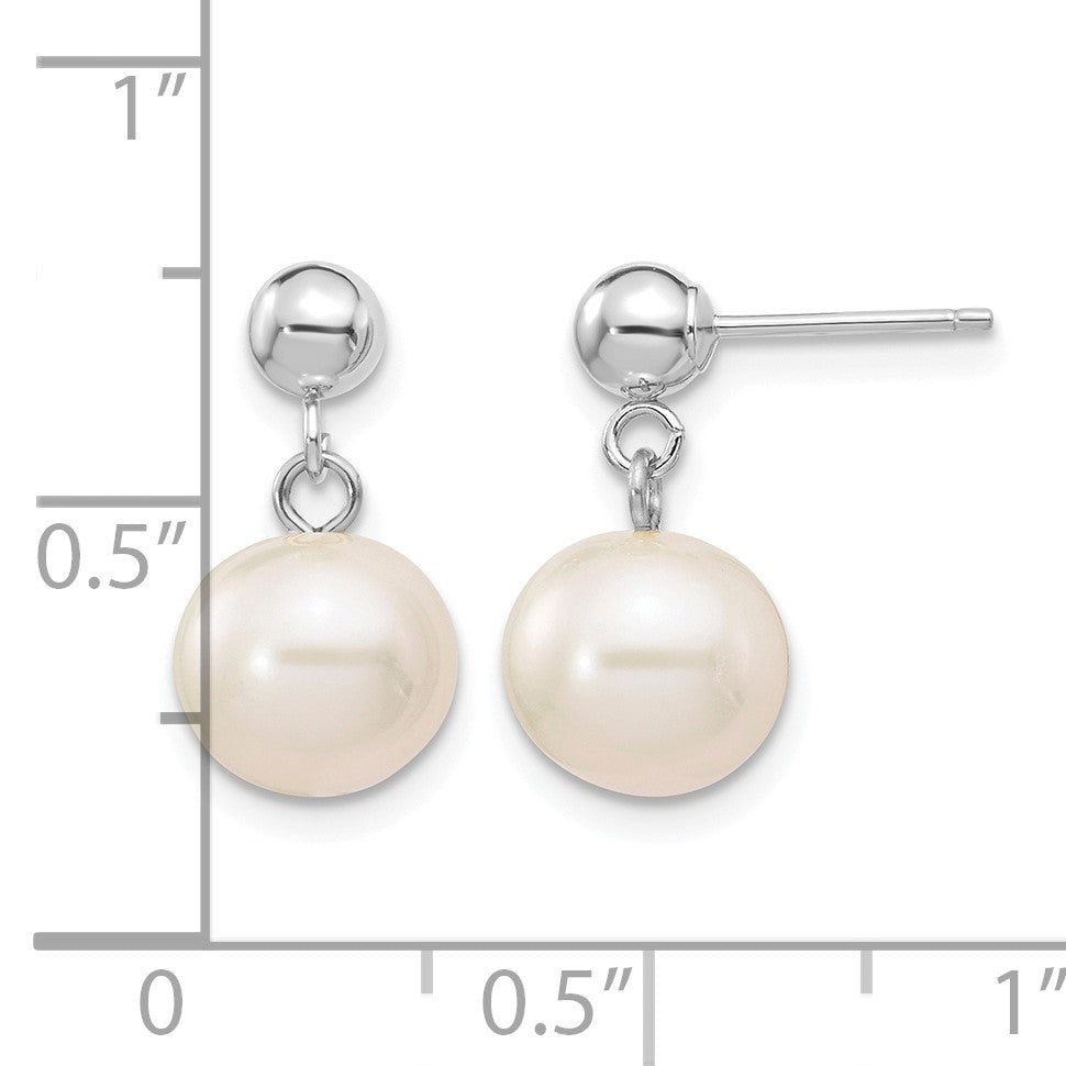 14k White Gold 8-8.5mm White Round Freshwater Cultured Pearl Post Dangle Earrings