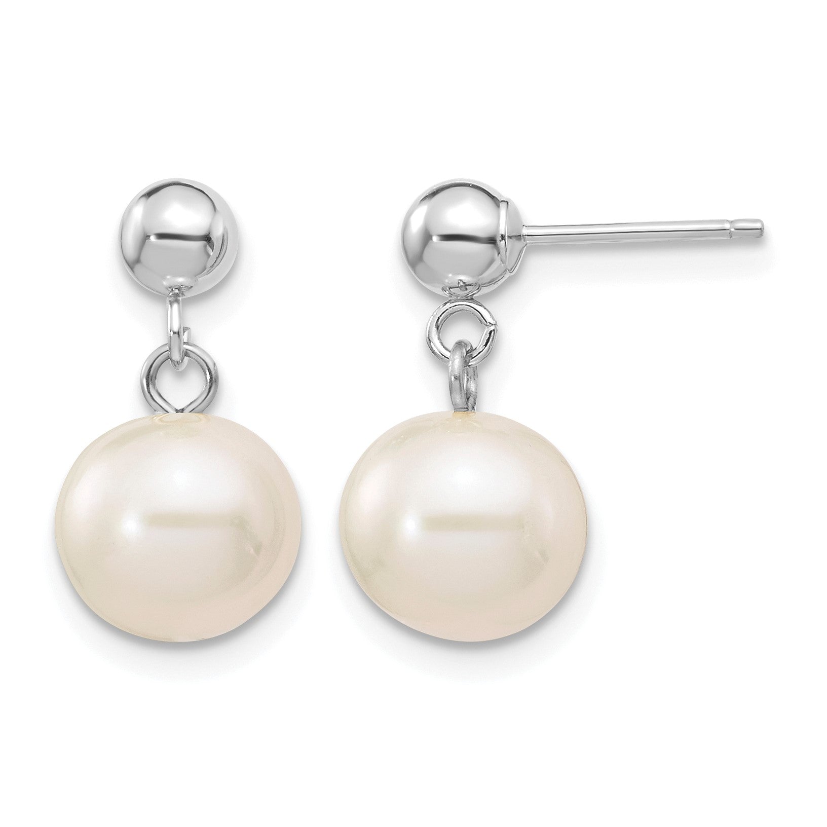 14k White Gold 8-8.5mm White Round Freshwater Cultured Pearl Post Dangle Earrings