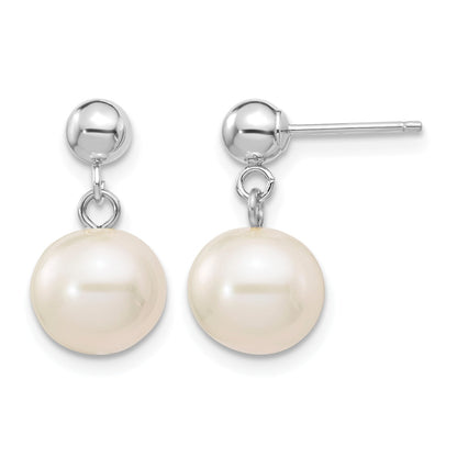 14k White Gold 8-8.5mm White Round Freshwater Cultured Pearl Post Dangle Earrings