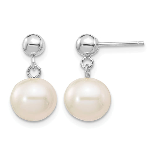 14k White Gold 8-8.5mm White Round Freshwater Cultured Pearl Post Dangle Earrings