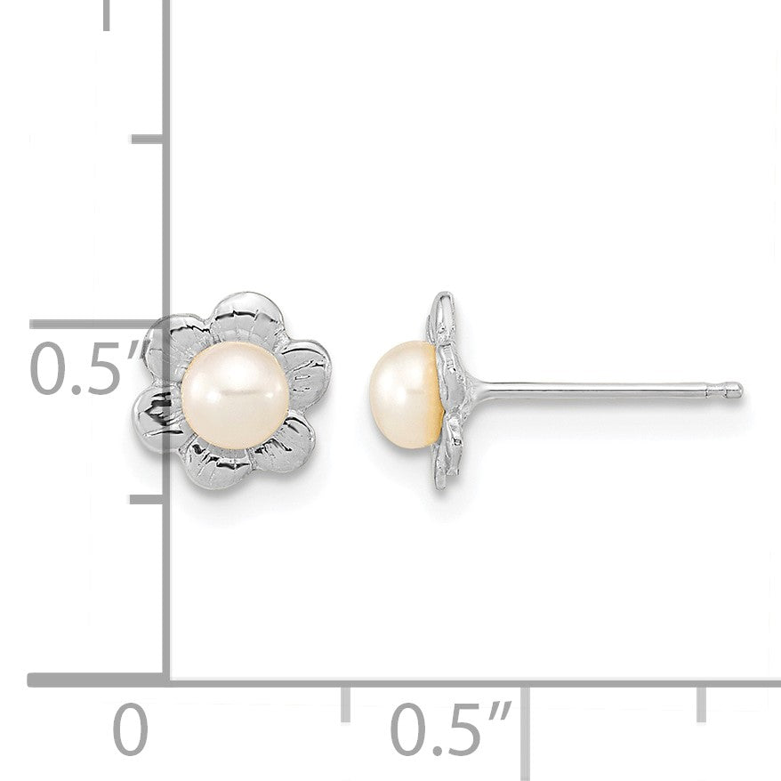 Madi K 14k White Gold 3-4mm White Button Freshwater Cultured Pearl Flower Post Earrings