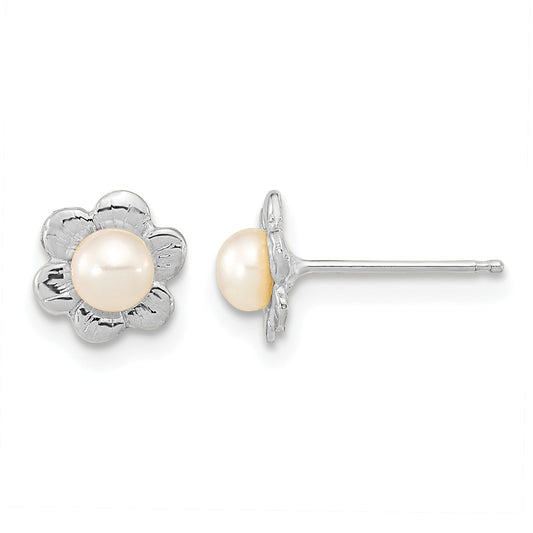 Madi K 14k White Gold 3-4mm White Button Freshwater Cultured Pearl Flower Post Earrings