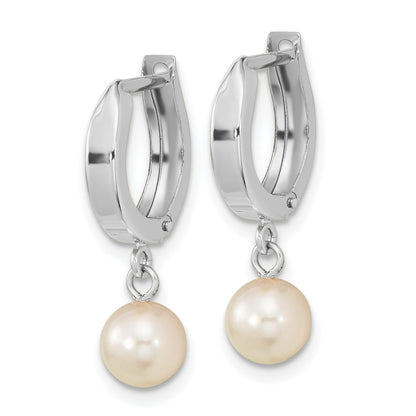 14k White Gold 6-7mm White Round Akoya Saltwater Cultured Pearl Dangle Hinged Hoop Earrings