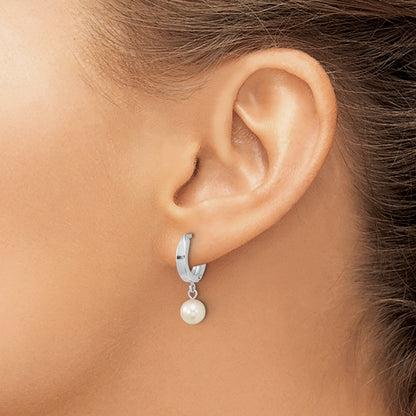 14k White Gold 6-7mm White Round Akoya Saltwater Cultured Pearl Dangle Hinged Hoop Earrings