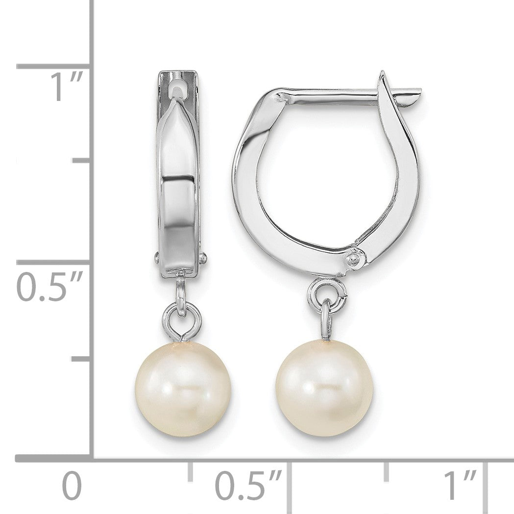 14k White Gold 6-7mm White Round Akoya Saltwater Cultured Pearl Dangle Hinged Hoop Earrings