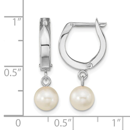 14k White Gold 6-7mm White Round Akoya Saltwater Cultured Pearl Dangle Hinged Hoop Earrings