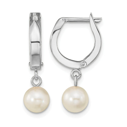 14k White Gold 6-7mm White Round Akoya Saltwater Cultured Pearl Dangle Hinged Hoop Earrings