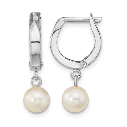 14k White Gold 6-7mm White Round Akoya Saltwater Cultured Pearl Dangle Hinged Hoop Earrings