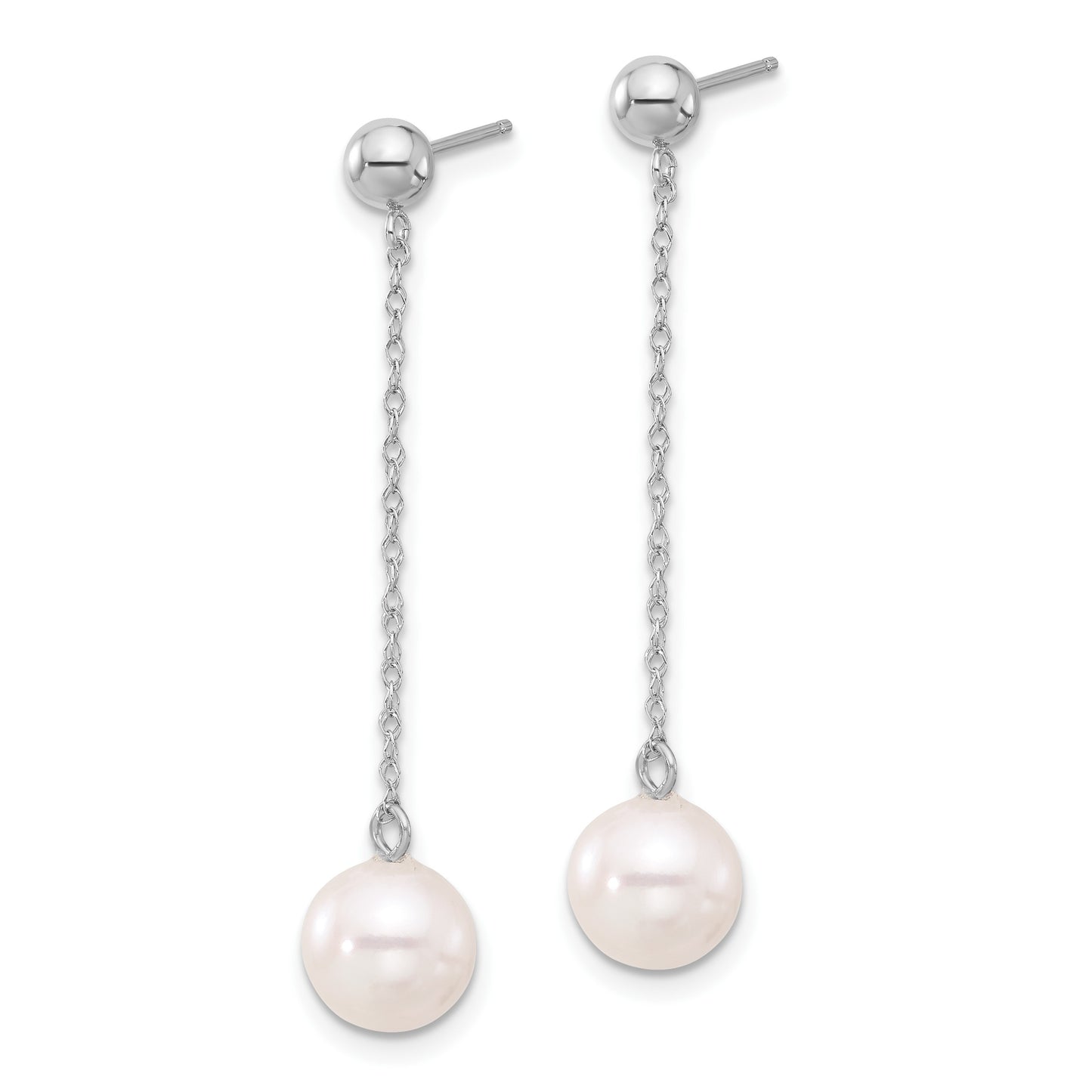 14k White Gold 7-8mm White Round Freshwater Cultured Pearl Chain Dangle Post Earrings