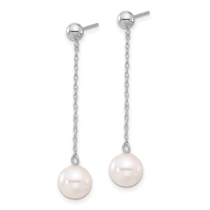 14k White Gold 7-8mm White Round Freshwater Cultured Pearl Chain Dangle Post Earrings