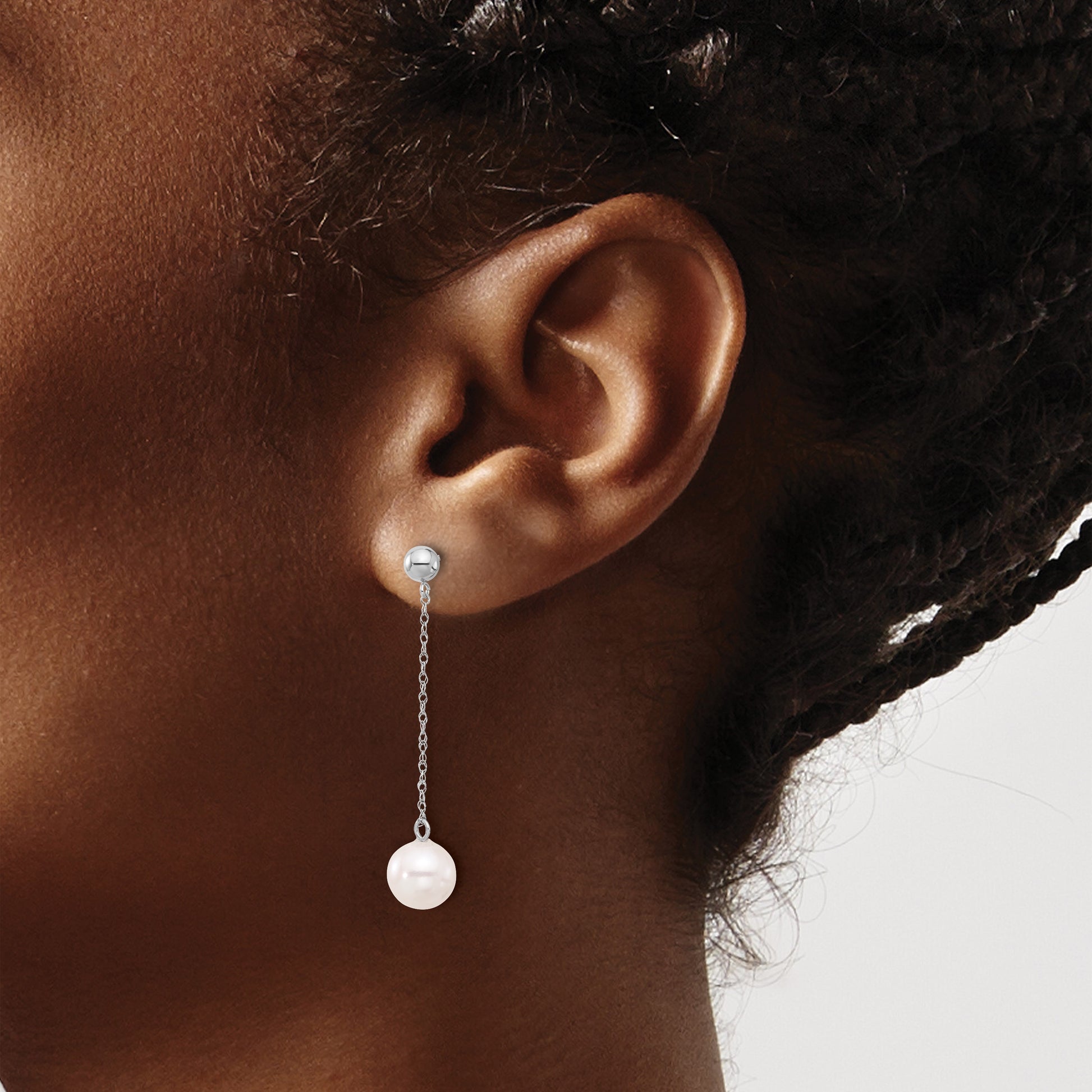 14k White Gold 7-8mm White Round Freshwater Cultured Pearl Chain Dangle Post Earrings