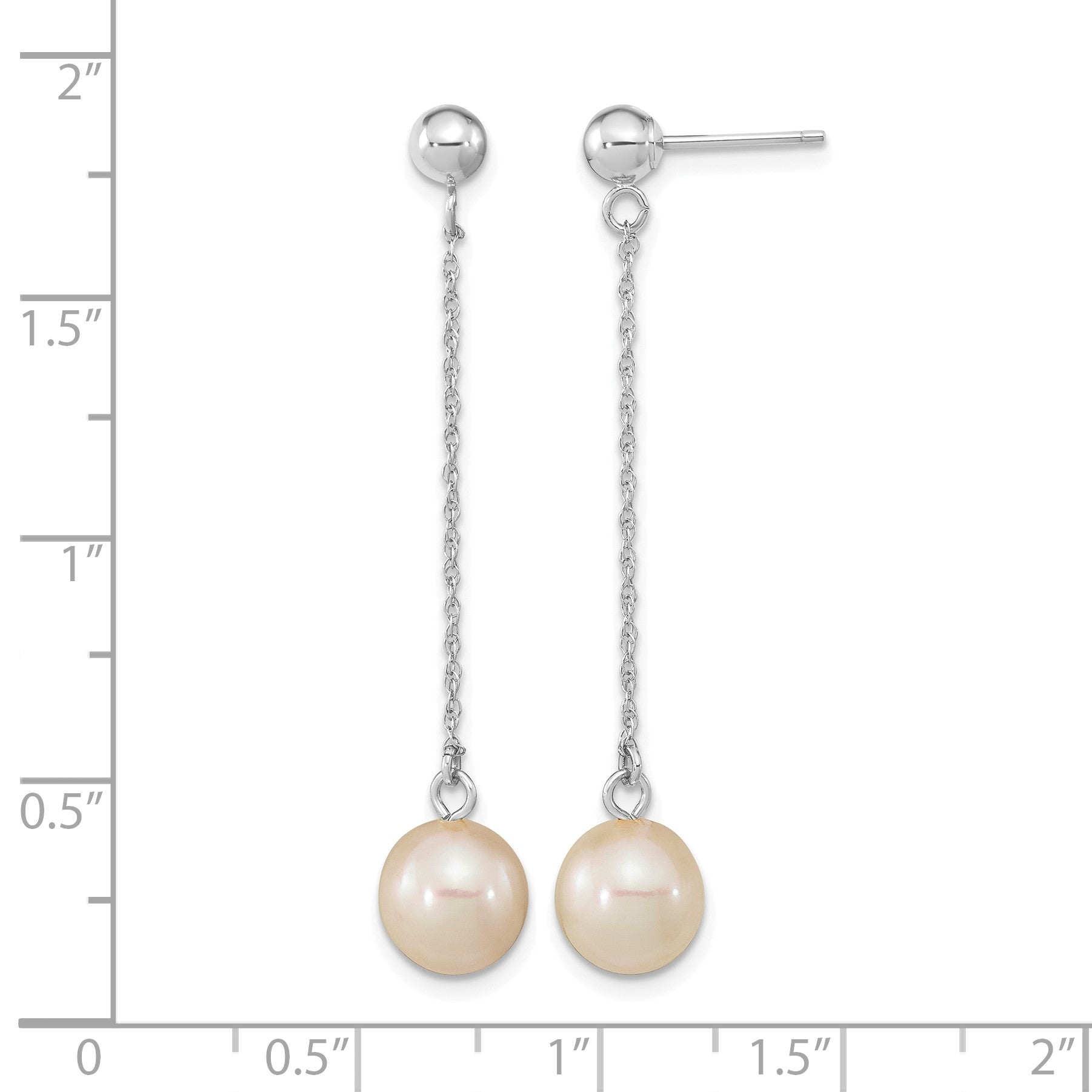 14k White Gold 7-8mm White Round Freshwater Cultured Pearl Chain Dangle Post Earrings