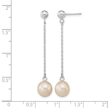 14k White Gold 7-8mm White Round Freshwater Cultured Pearl Chain Dangle Post Earrings