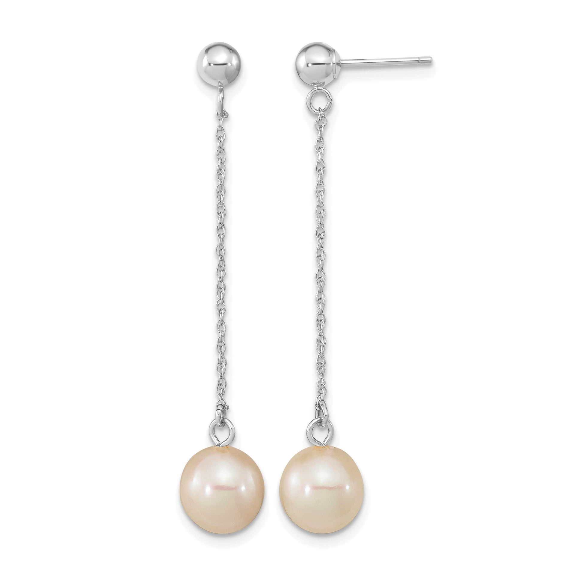 14k White Gold 7-8mm White Round Freshwater Cultured Pearl Chain Dangle Post Earrings